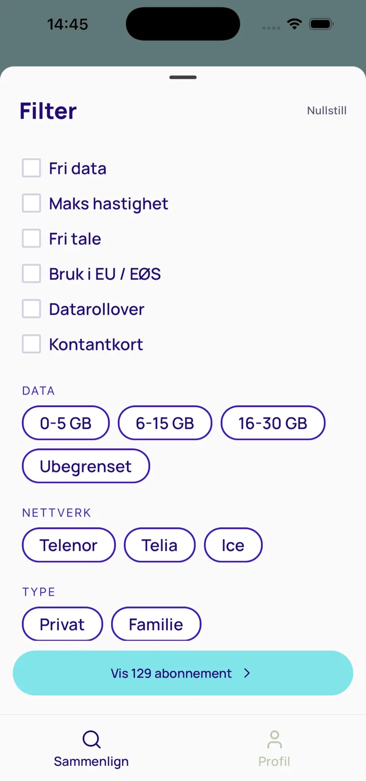 Skjermbilde fra Mobilabonnement.no-appen: filtrering på data, nettverk og abonnementstype.