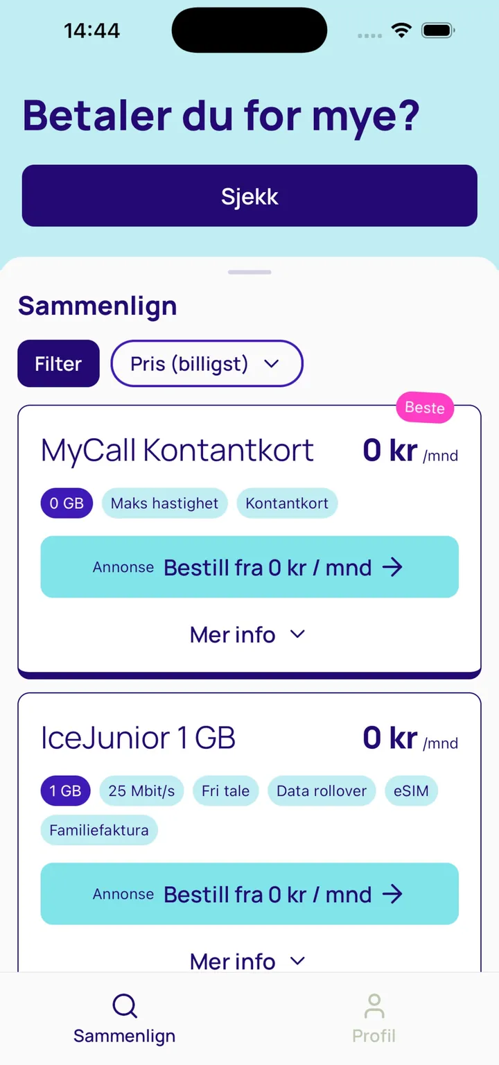 Skjermbilde fra Mobilabonnement.no-appen som viser sammenligning av mobilabonnement med pris per måned og datamengde.