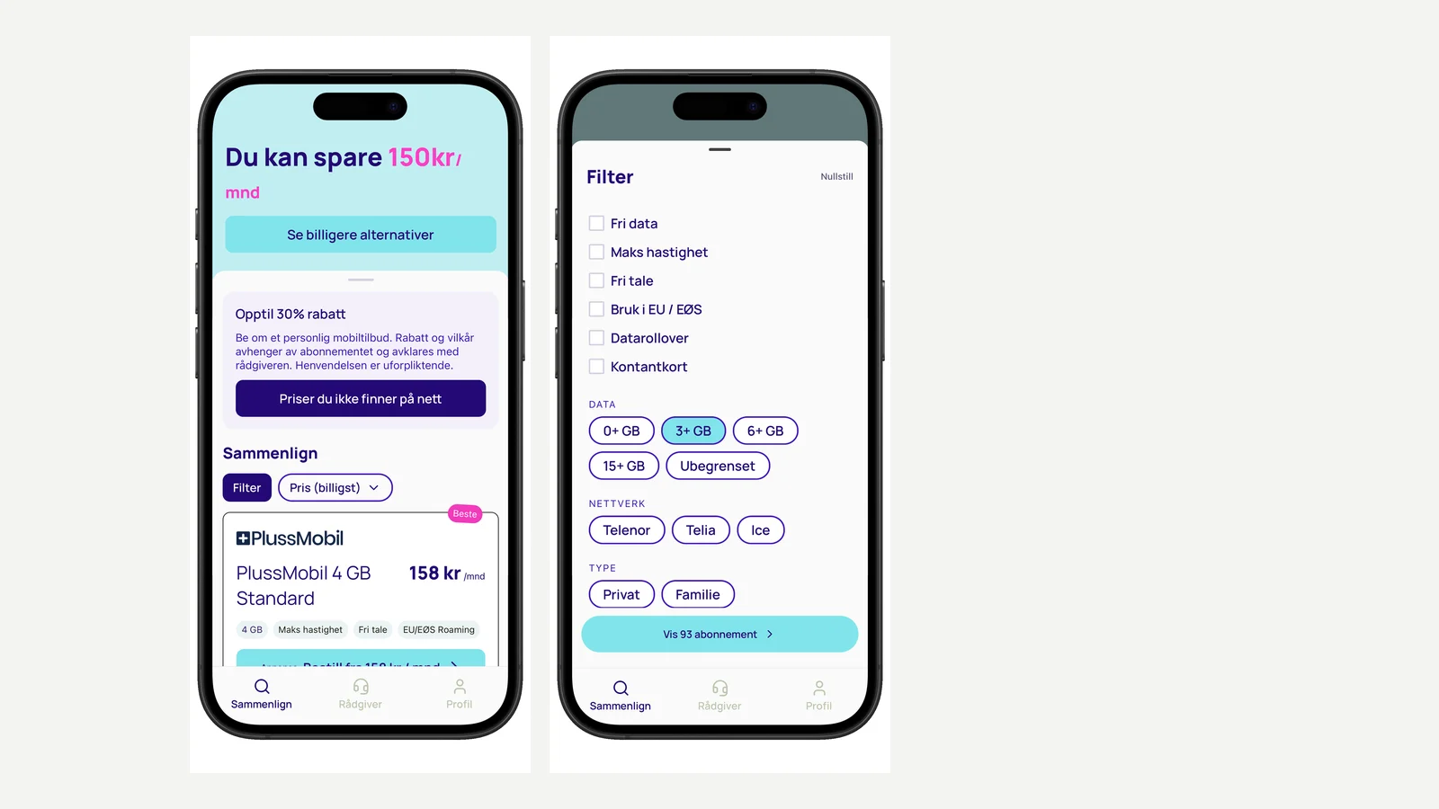 To skjermbilder fra Mobilabonnement.no-appen: sparekalkulator som viser 150 kroner i måneden, og filtervalg for data, nettverk og type abonnement